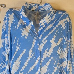 Chico's Blue White Mixed Media Button-Up Tunic Top Blouse Size Large